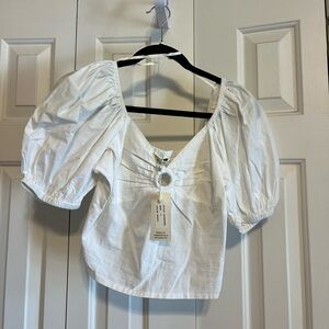 White Puff-Sleeve Square Neck Crop Top with Front Ring Detail